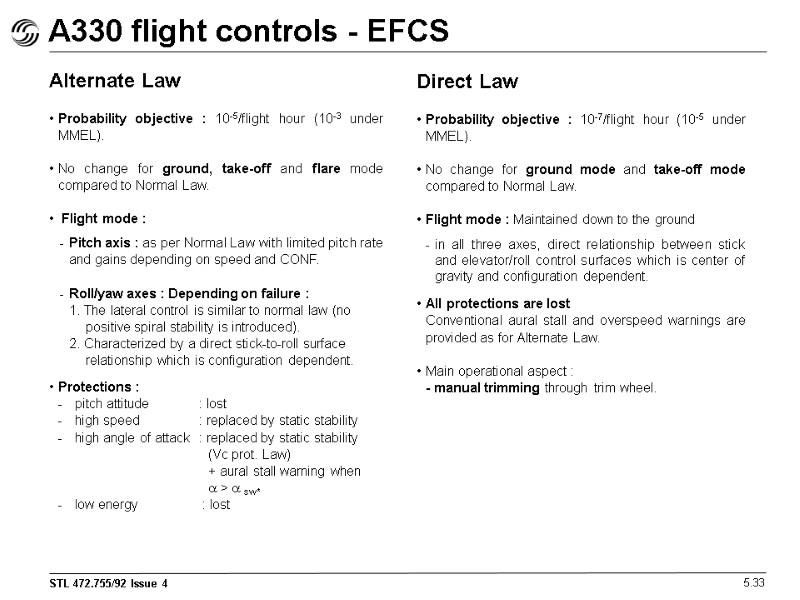 A330 flight controls - EFCS Alternate Law  Probability objective : 10-5/flight hour (10-3